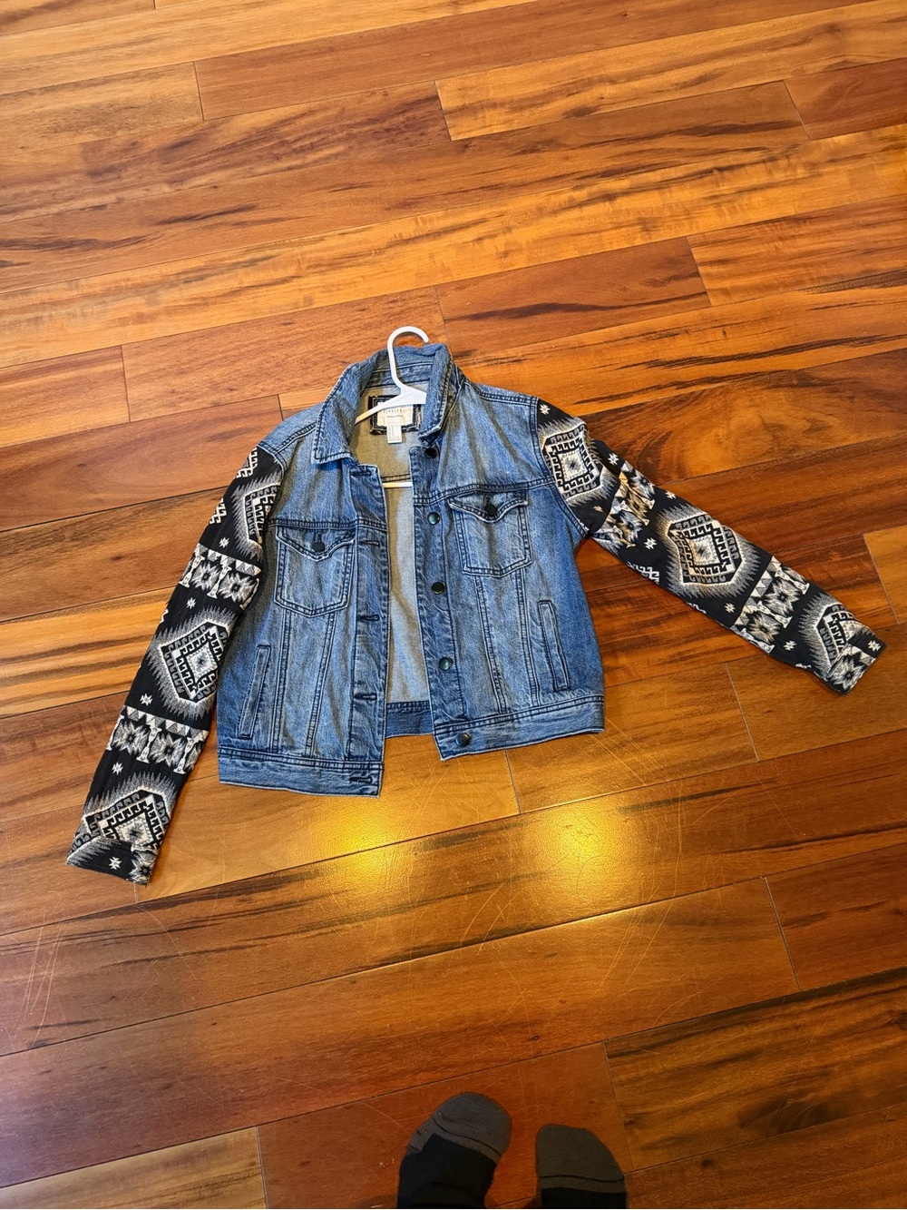 Women’s Denim Jacket with Patterned Sleeves - Blue